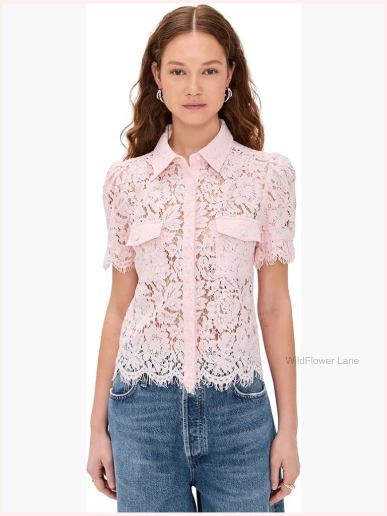 Women's Floral Lace Blouse With Puff Sleeves And Button Front